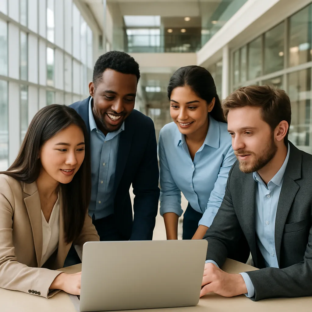 International business students collaborating in a modern university business school