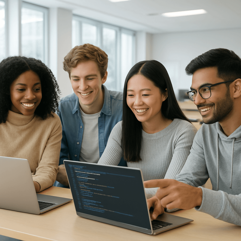 International students coding together in a bright, modern computer science classroom