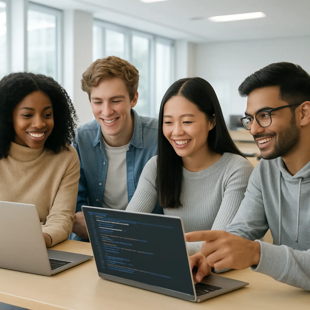 International students coding together in a bright, modern computer science classroom