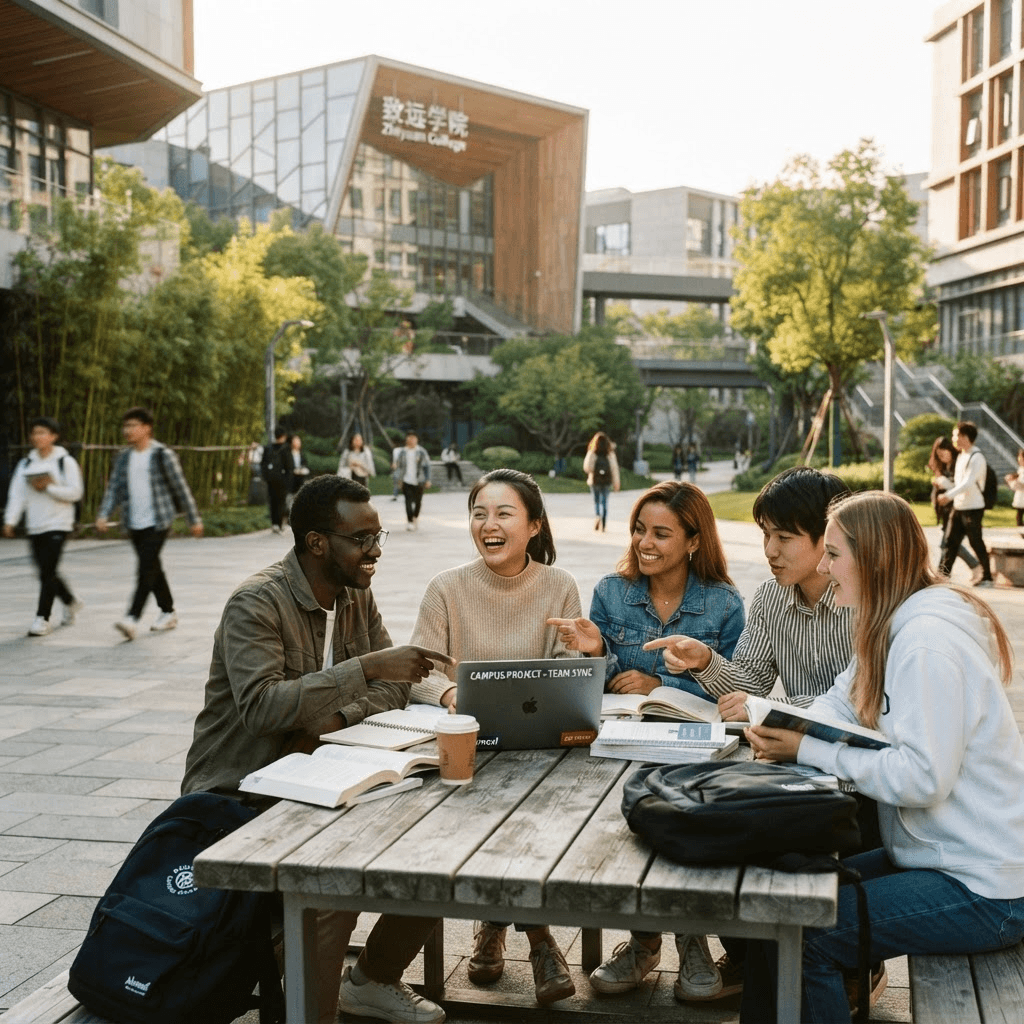 International students collaborating on a university campus