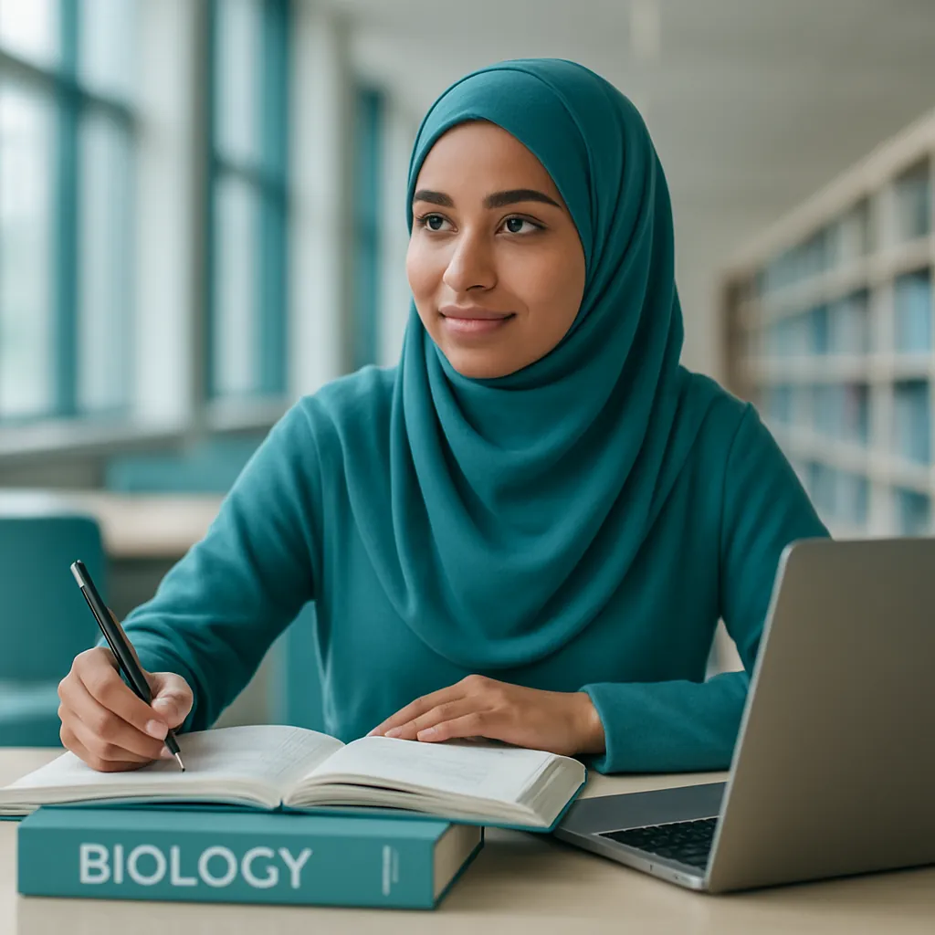 International student preparing medical foundation subjects in a university library