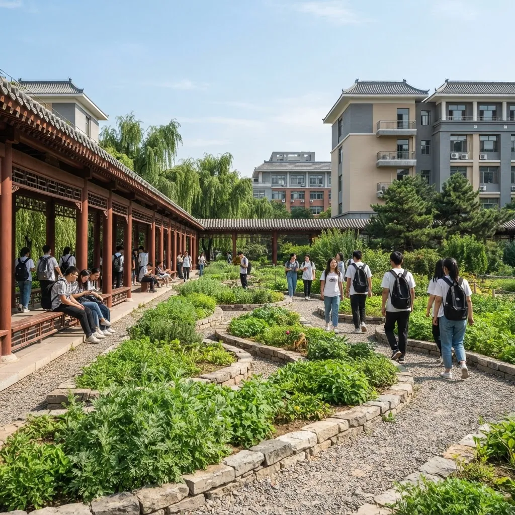 Beijing University of Chinese Medicine campus grounds and medicinal herb garden