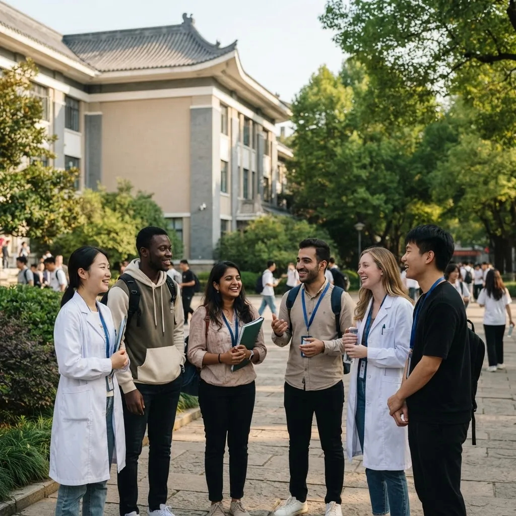 International students together on the Beijing University of Chinese Medicine campus