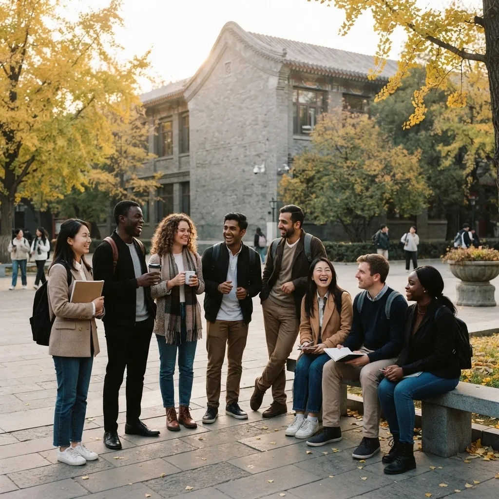 International students together on the Central University of Finance and Economics campus