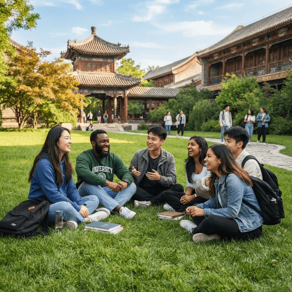 International students together on the Peking University campus