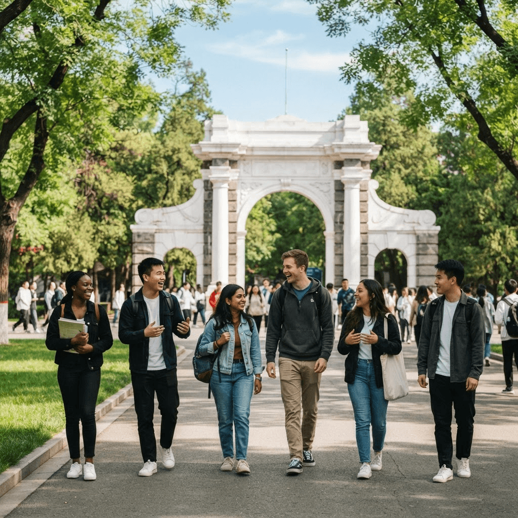 International students together on the Tsinghua University campus