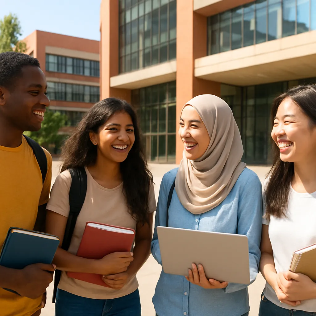 Diverse international students studying together on a modern Chinese university campus